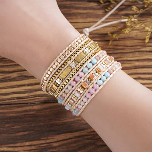 Women Boho Handmade Natural Stone Crystal Leather Bead Wrap Bracelets Collection - style: Boho Stylish 5W