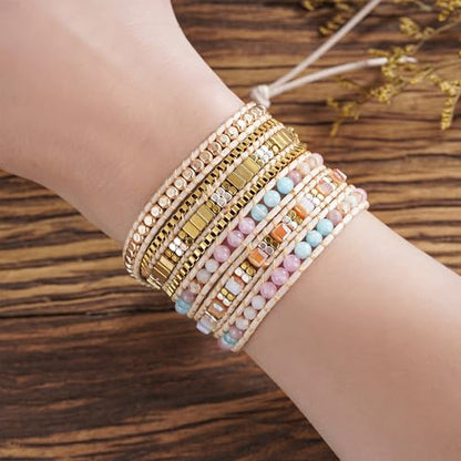 Women Boho Handmade Natural Stone Crystal Leather Bead Wrap Bracelets Collection - style: Boho Stylish 5W