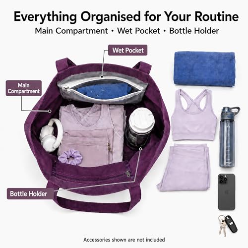 Yoga Mat Bag for Women, 100% Cotton Canvas Tote with Wet/Dry Pocket, Bottle Holder and Inner Zipper Pocket, 25L Carrier for Pilates and Travel - color: Purple
