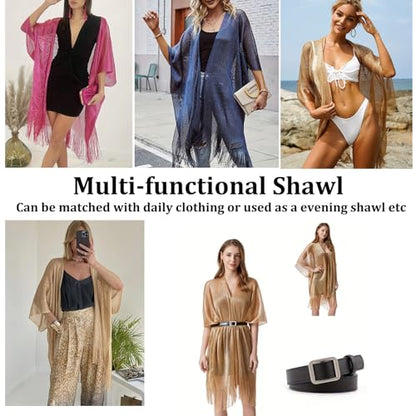 Sparkle Metallic Evening Shawls for Women formal Party Dresses Beach Travel Cardigan Shawl Wrap for Swimsuit - color: C-rose Silver