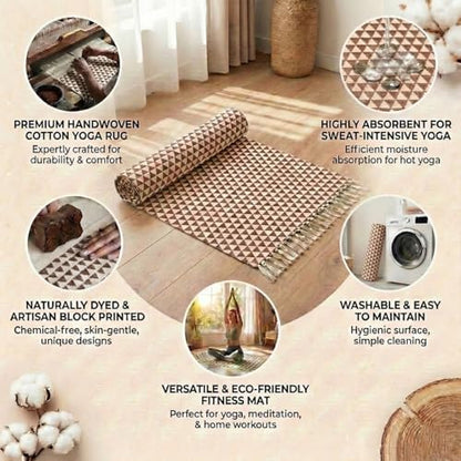 VINYASA Handwoven Cotton Yoga Rug Mat – Naturally Dyed | Absorbent, Washable Yoga Mat/Fitness Rug, Hatha, Pilates & Meditation - Non-Slip Grip | Extra Long & Wide | Trikon Series - color: Cutch