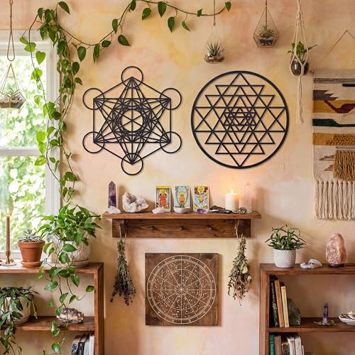 Taiyin 6 Pcs 12 Inch Wooden Sacred Geometry Wall Art Set, Zen Geometric Wall Decor for Home Meditation Room, Inspired Hanging Art with Metatron Cube, Flower of Life, Sri Yantra(Black)