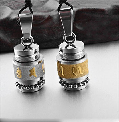 Men's Stainless Steel Open Lucky Buddha Mantra Pendant Necklace Bottle Container Memorial with Braided Rope - color: Mantra - Gold (small)