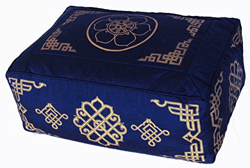 Meditation Cushion - Rectangular Zafu Buckwheat and Kapok Fill Dharma Wheel Dharma Key Blue - color: Blue Dharma Wheel Dharma Key
