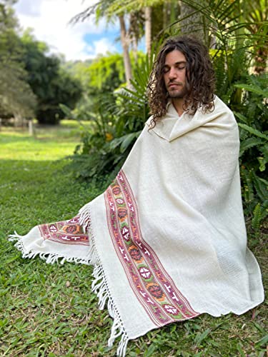 Handmade SATI Shawl Cream Beige Handwoven Wool Meditation Prayer Scarf Blanket Premium Pure Cashmere Winter Tribal Zen Embroidery Handmade AJJAYA