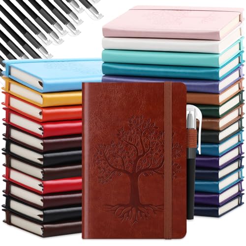 Tree Small Notebooks Pen bulk Leather Lined Pocket Subject Journals Notebooks Hardcover Pocket Cute Ruled Leather Notepad with Pen Holder for Men Women School Business, A6(Stylish Color,30 Set)