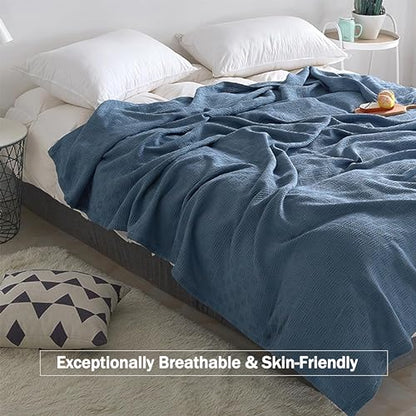 JIKFRIMA Cotton Throw Blanket 150 by 200 cm, Knit Waffle Weave Throw Blankets for Couch, Sofa, Bed, Home Decor, Lightweight and Breathable Crochet Blanket for All Seasons (Navy, Twin (150 by 200 cm))