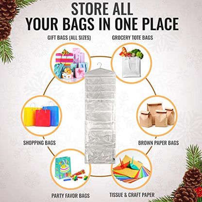 Large Double-Sided Hanging Gift Bag Organizer and Tissue Paper Holder (Grey)