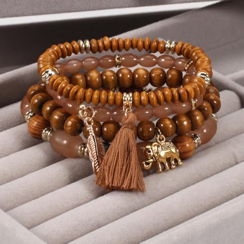 Caiyao 4Pcs Bohemia Multilayer Stackable Elephant Leaf Tassel Bracelets Colorful Wooden Resin Beaded Stretch Bracelets for Women Men Summer Beach Boho Vacation Hawaii Jewelry Gifts - style: StyleC
