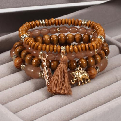 Caiyao 4Pcs Bohemia Multilayer Stackable Elephant Leaf Tassel Bracelets Colorful Wooden Resin Beaded Stretch Bracelets for Women Men Summer Beach Boho Vacation Hawaii Jewelry Gifts - style: StyleC