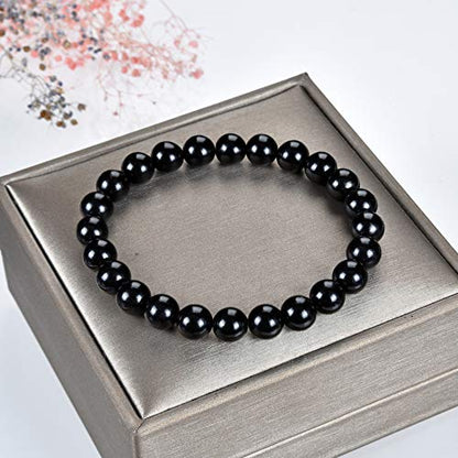 Cherry Tree Collection Gemstone Beaded Stretch Bracelet 8mm Round Beads 7" - color: Jet Stone
