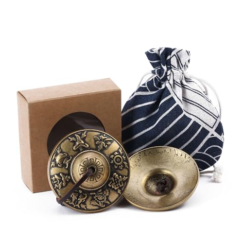 Tibetan Tingsha Cymbals Meditation Chime Bells 2.5" 8 Lucky Symbols Embossed Brass with Gift Box Drawstring Cloth Bag for Sound Healing, Yoga, Stress Relief Meditation Instruments - color: 8 Lucky Symbols