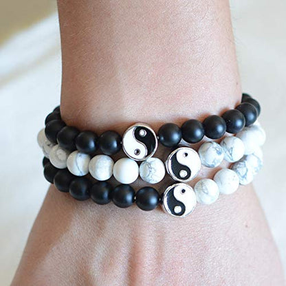 Fashion Men Women Taiji Yin Yang Feng Shui Charm Bracelet Natural White Turquoise and Black Beaded Couple Bracelets Friendship Distance Bracelet Jewelry - color: White Black