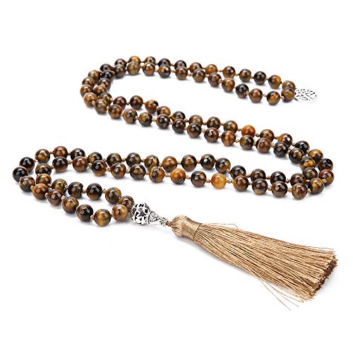 108 Mala Beads Necklace Semi-Precious Gem Stones Meditation Necklace 108 Hand Knotted Japa Mala Beaded Tassel Necklace with Tree of Life Pendant - color: Natural Tiger Eye