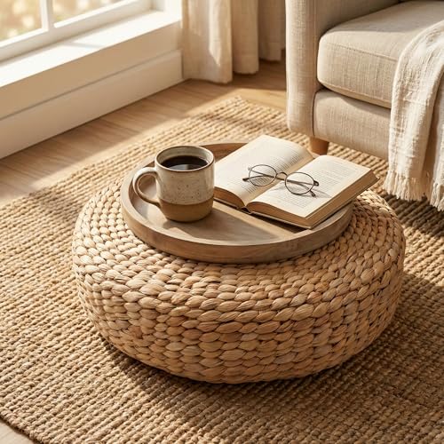 Water Hyacinth Cushion | Non-Slip Exercise & Fitness Mat for Meditation | Natural Rug, Straw Floor Mat for Meditation, Mat for Living Room, Bedroom and More