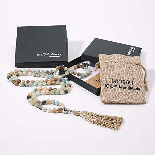 108 Mala Beads Necklace Semi-Precious Gem Stones Meditation Necklace 108 Hand Knotted Japa Mala Beaded Tassel Necklace with Tree of Life Pendant - color: Natural Amazonite