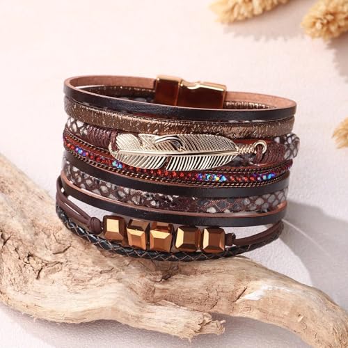 Fesciory Leopard Bracelet for Women, Boho Leather Wrap Multi-Layer Pearl Crystal Bracelet Bangle Jewelry - style: Cube(Brown)