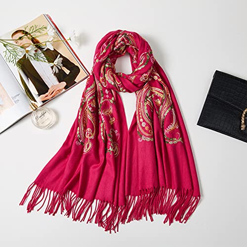 Embroidered Brushed Shawl Paisley Leaves Pattern Scarf Soft Ponchos Wrap Cape With Fringes - color: 03-fushcia