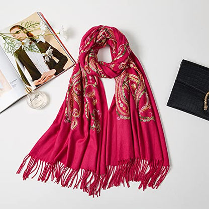 Embroidered Brushed Shawl Paisley Leaves Pattern Scarf Soft Ponchos Wrap Cape With Fringes - color: 03-fushcia