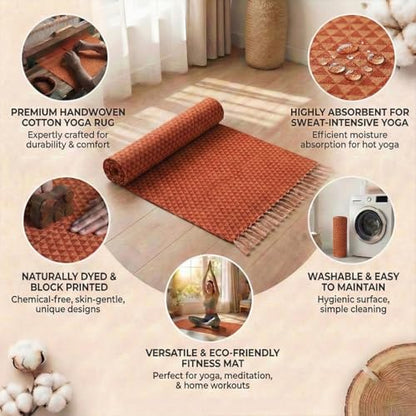 VINYASA Handwoven Cotton Yoga Rug Mat – Naturally Dyed | Absorbent, Washable Yoga Mat/Fitness Rug, Hatha, Pilates & Meditation - Non-Slip Grip | Extra Long & Wide | Trikon Series - color: Madder