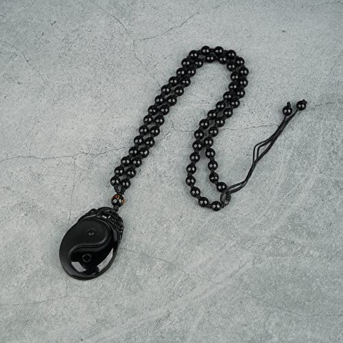 Black Obsidian Necklace Natural Crystal Amulet Protection Pendant with Adjustable Rope Lucky Talisman Necklaces Jewelry Gift for Men Women - color: Yin Yang TaiChi