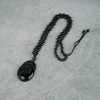 Black Obsidian Necklace Natural Crystal Amulet Protection Pendant with Adjustable Rope Lucky Talisman Necklaces Jewelry Gift for Men Women - color: Yin Yang TaiChi