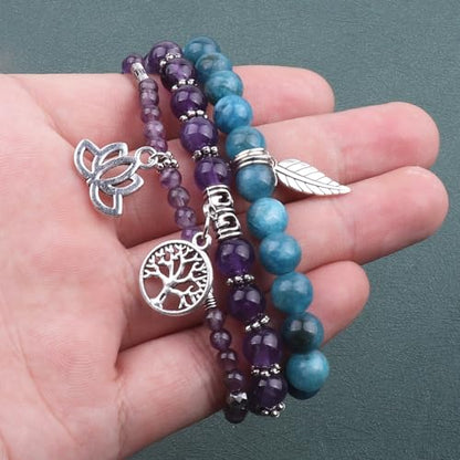 Tree of Life Yoga Healing Stone Bracelets,Multilayer Lotus Chakra Stone Reiki Bracelet Sets,Anxiety Crystal Natural Stone,for Women Stress Relief - style: Amethyst + Apatite