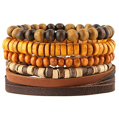 HZMAN Wrap Bracelets Men Women, Hemp Cords Wood Beads Ethnic Tribal Bracelets, Leather Wristbands - style: Coconut shell 5 Mix
