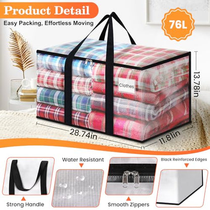 Extra Large Heavy Duty Moving Bags, Storage Bags with Strong Zippers & Handles, Packing Bags for Moving Essentials, Ideal Storage Tote for Home, Dorm & Storage Solutions, 76L, 8 Packs, Clear - size: 76L