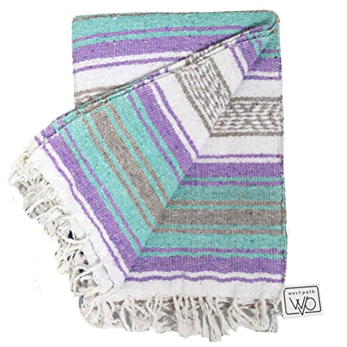 Open Road Goods Multi Color Mexican Falsa Blanket - Handwoven in Mexico - Great for The Beach, Picnics, Yoga, or a Throw! (Mint/Purple)