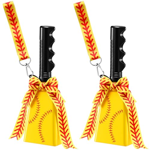 2 Pack Cow Bells with Handle & Wrist Strap Ribbon Bows Loud Cowbell Noise Makers for Sporting Events, Games, Cheer, Graduations, Team(Softball)