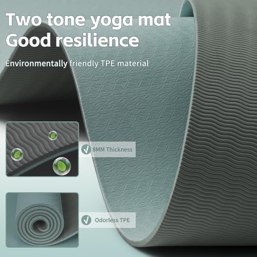 PAIDU Yoga Mat 8mm Super Thick TPE Fitness Mat | SGS Certified | Non-Slip, Odorless & Tear-Resistant | Unisex with Strap | for Yoga, Pilates, Meditation & Home Workouts - color: Deepgreen&Gray