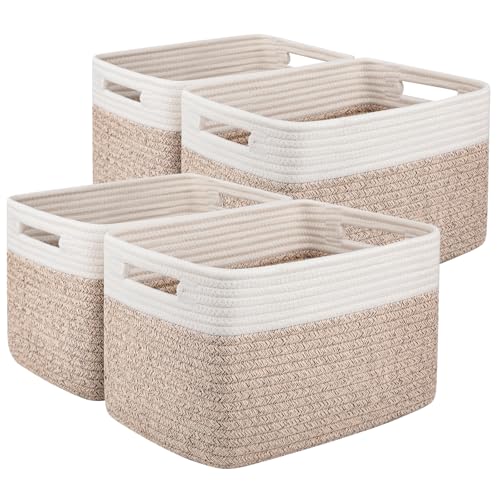 OIAHOMY 4 Pack Storage Baskets for Organizing, Basket for Shelves with Handle, Woven Baskets for Storage Toys, Towels, Books, Cotton Rope Basket 13" L x 9 " W x 7.8 " H, Brown & White - color: Brown & White