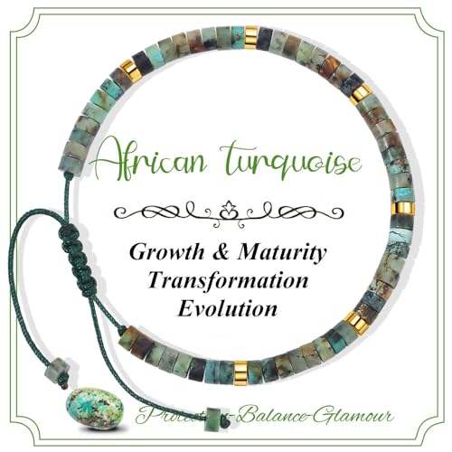 CASDAN Natural Crystal Beaded Bracelet for Women Natural Stone Adjustable Braided Rope Bracelets Spiritual Bracelet Inspirational Gifts - color: African Turquoise