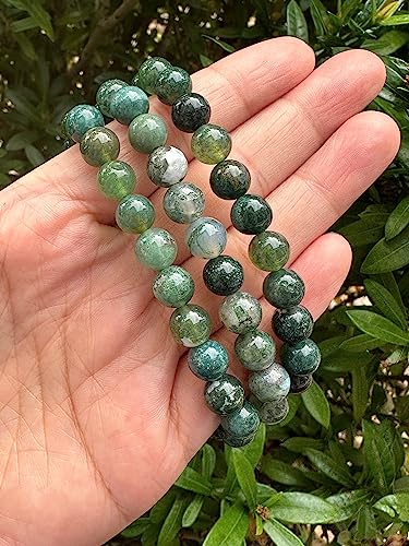 GAF TREASURES Crystal Bead Bracelet, Genuine Stretch Gemstone Bracelet, Healing Crystal Bracelet, Gift for Men & Women - color: Moss Agate, size: 2 Bracelets