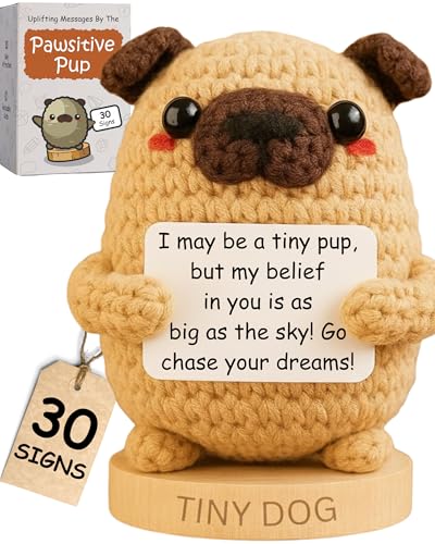 Dog lover Gifts for Women - Handmade Positive Crochet Animal W/ 30 Uplifting Signs - Funny Birthday Gifts for Dog Mom, Cute Present Idea for Women for Mothers Day, Emotional Support Office Desk Decor - color: Pup