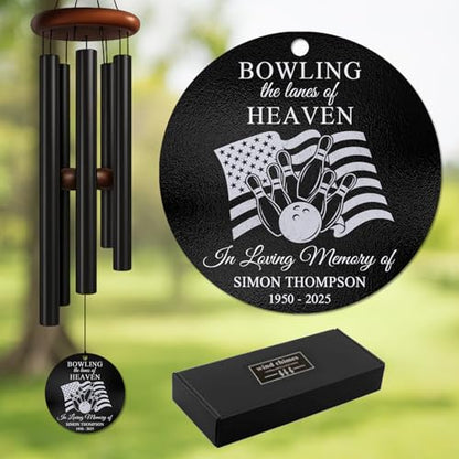 Personalized Bowling Memorial Wind Chime – “Bowling The Lanes of Heaven” Custom Engraved Name & Years – Sympathy Gift for Bowlers & Sports Lovers – Memorial Windchime Tribute for Loss of Loved One - size: BowlingWC 1