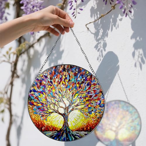 Stained Glass Window Hanging, 8 in Tree of Life Sun Catchers Indoor Window, Stained Glass Suncatcher, Gifts for Women, Her, Wife, Friend and Mom for Mother's Day, Christmas, Birthday - color: Tree of Life