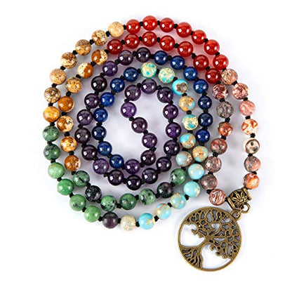 Bivei 7 Chakra 108 Mala Beads Bracelet Real Gemstone Yoga Meditation Hand Knotted Mala Prayer Bead Necklace - size: 6mm, style: beaded, traditional, 7-chakra, tree of life