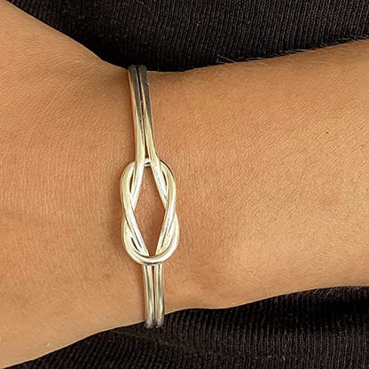 Handmade Sterling Silver Dainty Minimalist Knot Cuff Bracelet, Simple Silver Tied Wires, Adjustable 6 3/4 inches Cuff, Women size M-L, Gift for Her