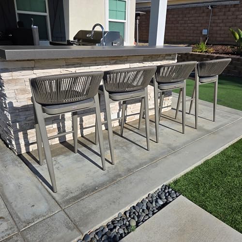 PURPLE LEAF Counter Height Bar Stool Set of 2 Modern Aluminum Rattan Wicker Outdoor Barstools with Backrest and Cushion for Kitchen Lawn Pool Bar Chairs Grey