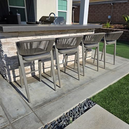 PURPLE LEAF Counter Height Bar Stool Set of 2 Modern Aluminum Rattan Wicker Outdoor Barstools with Backrest and Cushion for Kitchen Lawn Pool Bar Chairs Grey