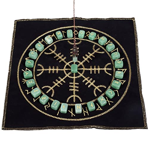 Green Aventurine Rune Stones Set & 6 Facted Crystal Pendulum with Viking Compass Embroidered Energy Mat for Divination Meditation Reiki Healing