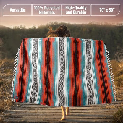 Hydration Nation Authentic Large Handwoven Mexican Blanket - Soft Yoga - Durable Serape - Lightweight Falsa, Beach, Camping, Picnic, Outdoor 70"x50" - Mandarin - color: Mandarin