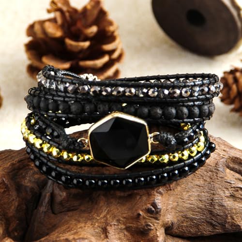 Handmade Boho Wrap Bracelets Natural Turquoise Crystal Stone Variety Beaded Strand Bracelet - color: Obsidian