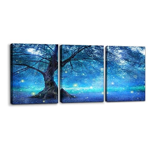 Pacimo Nature Forest Wall Art Set of 3 - Fairy Tree in Blue Forest Landscape - Perfect for Modern Home Decor - Ideal Wall Decor for Living Room Bedroom Bathroom and Office (12"x16"x3) - color: Wallart-06, size: 12" x 16" x 3 panels