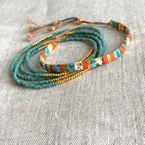 Tila Flat Beaded Stretch Bracelets for Women Stackable Gold Colorful Seed Beads Boho Bracelet Stack Adjustable Rope String Friendship Jewelry Trendy Holiday Gift - color: Teal
