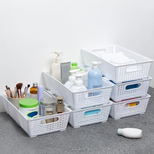 Tiawudi Stackable Woven Plastic Basket, Storage Bins for Cabinet, Closet, Shelf, Under Sink and Countertop, Pantry Organizer Bins, 6 Pack - color: White