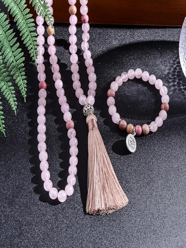 108 Mala Prayer Beads Necklace 8mm Natural Stones Meditation Yoga Jewelry Sets 108 Hand Made Japa Mala Beaded Long Tassel Necklace with Tassel Pendant for Men and Women - color: Rose quartz