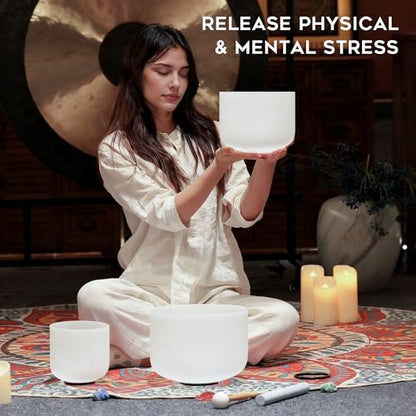 CVNC 440HZ 6" A Note 8" F Note and 10" C Note Frosted Quartz Crystal Singing Bowl Chakra Set of 3 with Carry Case Bag for Sound Healing Meditation - color: White-AFC, size: 6-10 inch